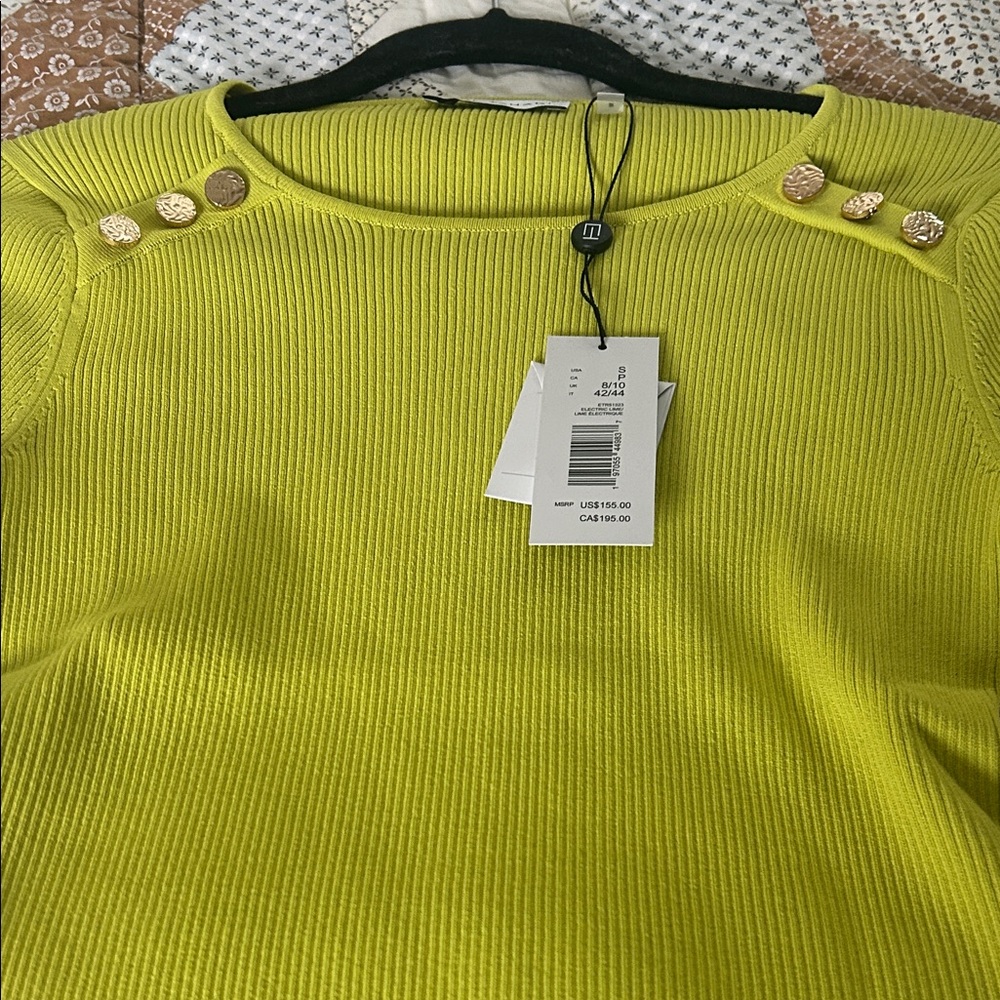 Elie Tahari Gemma Sweater/ Electric Lime Button-Detail Ribbed Tee/Size Small - Picture 7 of 7